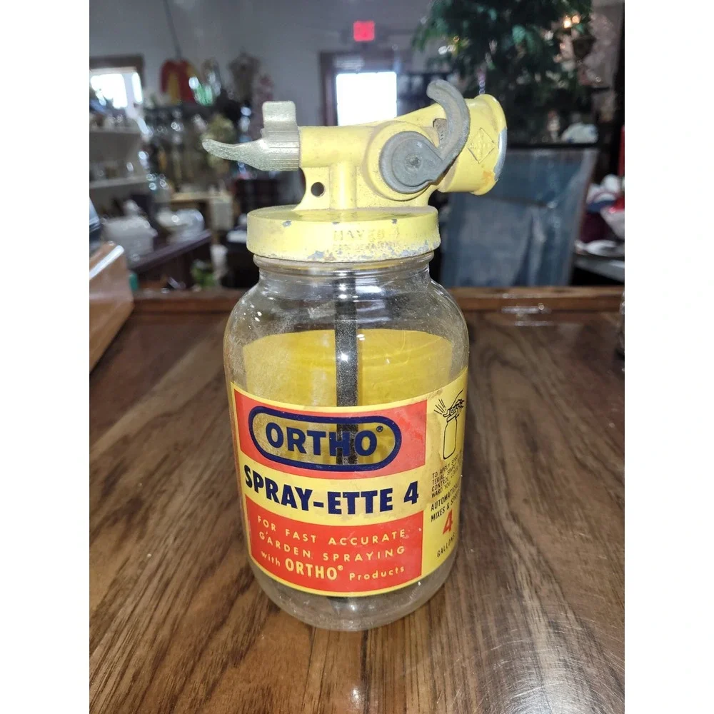 Vtg ORTHO SPRAY-ETTE 2 Duraglas Glass Insect Hose Spray Bottle Yellow Metal Top